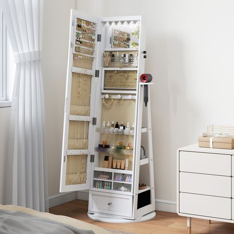 Miroir à bijoux avec lumières LED Armoire à bijoux avec miroir entier pivotant à 360° Tiroir avec serrure Blanc