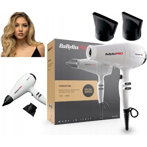 Potente asciugacapelli Babyliss Pro Caruso BAB6970IE, bianco, con tecnologia a ionizzazione.