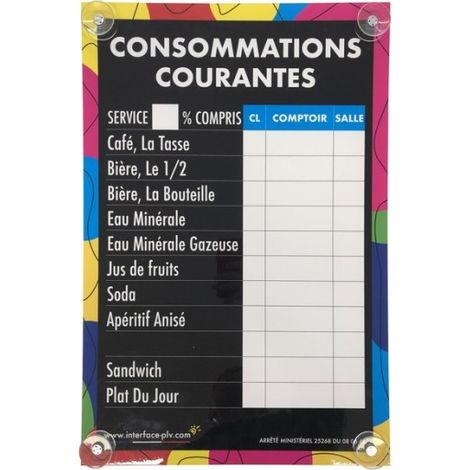 Panneau CONSOMMATIONS COURANTES moderne 60x40 cm avec fixation ventouses (1/3)