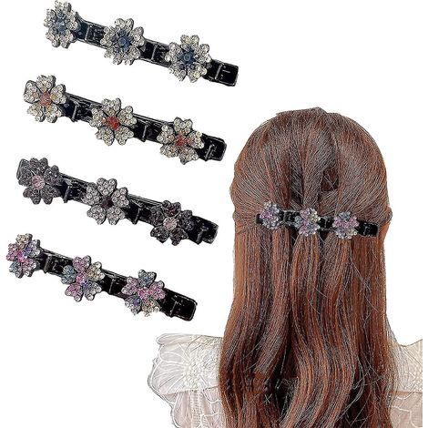 Set aus 4 geflochtenen Haarspangen, verziert mit funkelnden Kristallsteinen, für Damen, schmale geflochtene Haarspange mit 3 kleinen Clips (1/5)