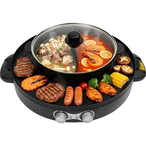 YISSALE-Hot Pot – Multifunktionale 2-in-1-Festpfanne – Doppelte Trennwand – Koreanischer Grill – Rauchfreier Elektrogrill für eine einfache Reinigung – Schwarz (1/5)