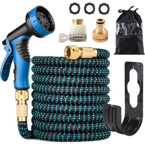 Tuyau d'arrosage flexible de 7.5 m avec 10 fonctions, raccord en laiton sans usure et douchette en métal avec adaptateur 3/4" et 1/2" pour jardin, animal et lavage de voiture(bleu) (1/5)