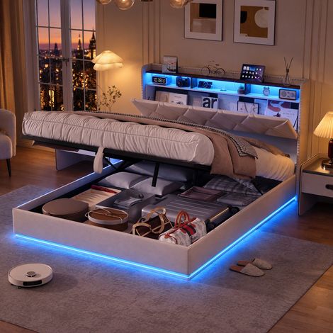 JOOKGBD-Letto a contenitore matrimoniale 140x200cm in lino beige con testiera LED RGB porta USB ricarica stoccaggio idraulico rete a doghe struttura robusta camera letto adulti (1/5)