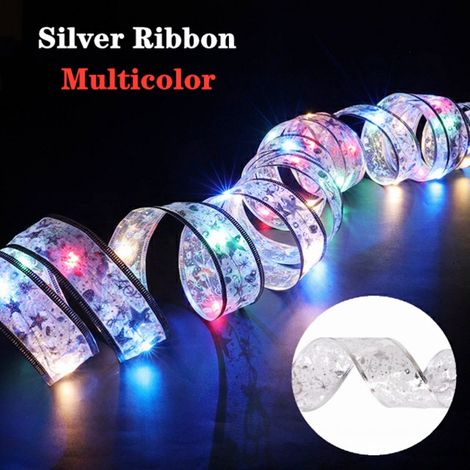 1 rouleau de ruban décoratif pour sapin de Noël, guirlande lumineuse LED, effet satiné, confettis, lumières clignotantes, ruban argenté, 5 mètres, 50 lumières (1/5)