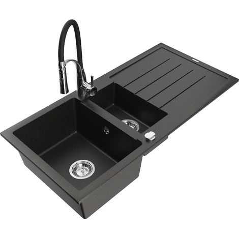 Mexen Andres fregadero de granito de 1,5 senos con escurridor y grifo de cocina Aster, negro/oro met谩lico - 6515-75-73450-07