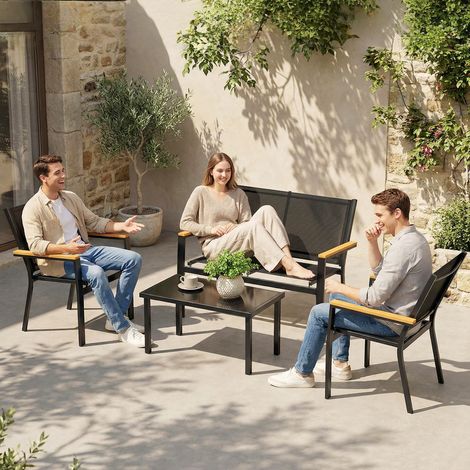 4-teiliges Gartenmöbelset mit 2-Sitzer-Sofa, 2 Stühlen und Couchtisch aus gehärtetem Glas, schwarz