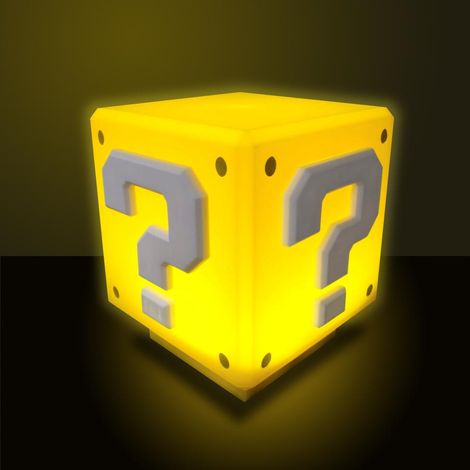 Super Mario Tischlampe Mini Fragezeichen-Block gelb-orange, aus Kunststoff, mit Sound, kommt im Geschenkkarton. (1/4)