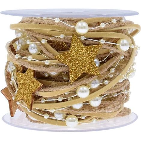 Ruban cadeau de 5 mètres, ruban décoratif, ruban de jute, ruban perlé avec perles et paillettes, étoiles dorées, rubans de Noël, collier de perles, décoration de mariage, emballage cadeau, décoration (1/5)