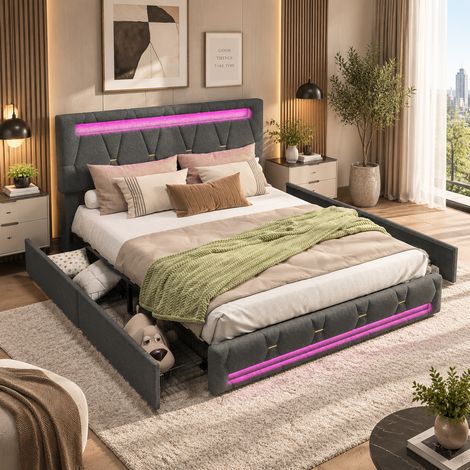 Lit double capitonné 140×200 cm,lumière LED,4 tiroirs de rangement,lit coffre,tête de lit réglable en hauteur,cadre de lit 140×200,style moderne,sommier à lattes,lit adulte,lit ados,Lin,Gris (1/5)