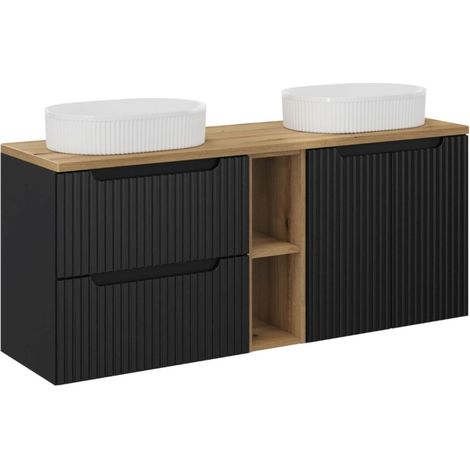 Conjunto VANO 140cm: muebles bajo lavabo con nichos visibles con cajones y armarios + dos lavabos sobre encimera ranurados