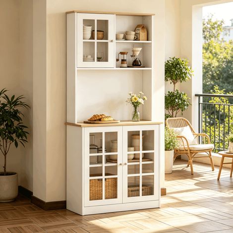 Buffet haut blanc de cuisine 80 x 37 x 183 cm meuble coffee bar avec portes vitrées plan de travail étagères réglables MDF (1/5)