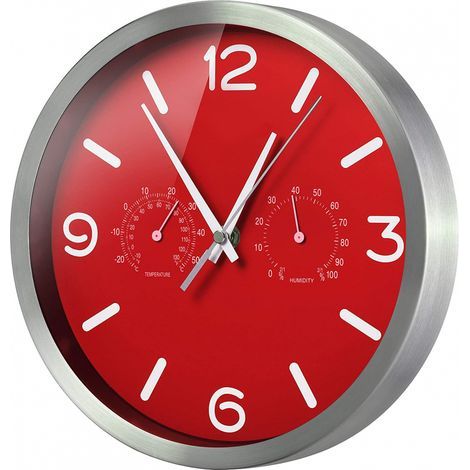 MyTime ND Thermo-Hygro Geräuschlose, funkgesteuerte Wanduhr mit Edelstahlrahmen und Temperatur- und Feuchtigkeitsanzeige, Rot (1/5)