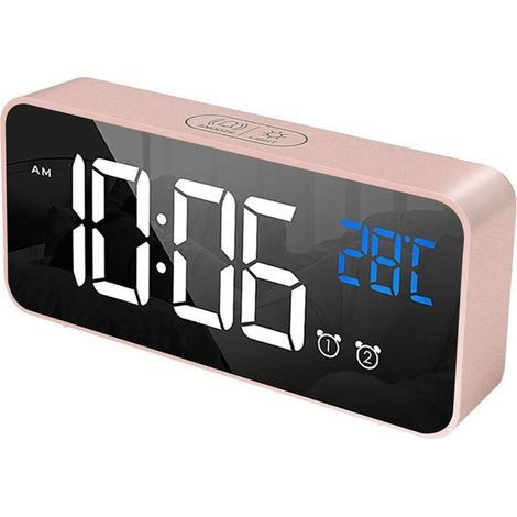 Digital Alarm Clock with Large LED Temperature Display, Portable Mirror Alarm with Dual Alarm, Snooze Timer, and 4-Level Adjustable Brightness Dimmer (Pink) (1/5)