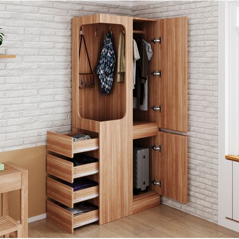 Armadio guardaroba in legno color naturale con 1 anta, 4 cassetti e vano appendiabiti aperto 70 x 40 x 170 cm