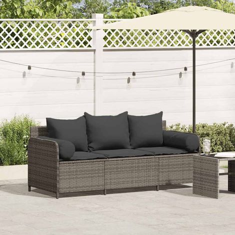 Gartensofa mit Kissen 3-Sitzer Grau Poly Rattan