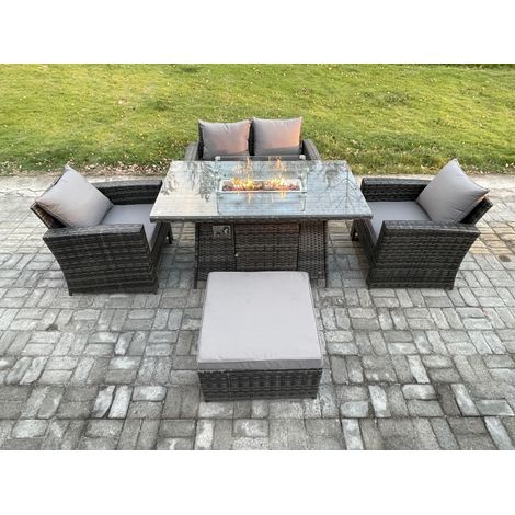 Fimous 5 Seater Outdoor Rattan Sofa Set Garden Furniture Gas Firepit Dining Table Heater with Big Footstool Dark Grey Mixed (1/5)