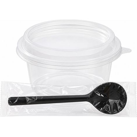 Bol jetable 360 ml, couvercle haut, cuillère et papier, 500 sets