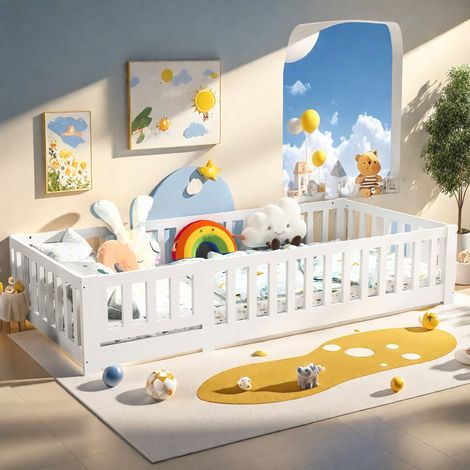 Cama infantil 90x200 cm con protección anticaídas - somier de lamas - madera maciza de pino - cama Montessori - ideal para niños y niñas - Blanco
