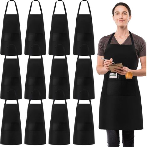 Tablier De Cuisine Pour Femmes Et Hommes: 12 Pièces Tablier à Bavette Réglable Avec 2 Poches, Tabliers De Travail Unisexe, Tabliers De Cuisine Imperméables Pour Cuisines, Restaurant (Noir) (1/5)