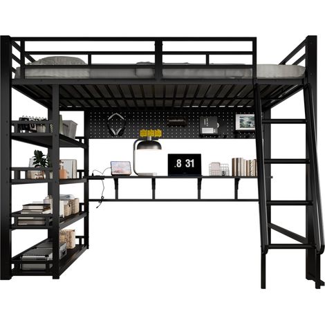 Lit mezzanine en métal et bois noir 140x200 cm avec étagères, rangement et port de charge (1/5)