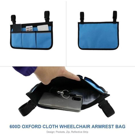 Sac de rangement pour fauteuil roulant - - Poches multiples - Bandes réfléchissantes - Accoudoir latéral - 33x18 cm (1/4)