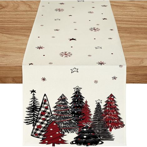 Weihnachtlicher Tischläufer 40x240 cm mit Weihnachtsbäumen und Schneeflocken, Schwarz-Rot