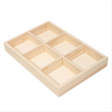 Rechteckige Aufbewahrungsbox aus Holz mit 6 Fächern für Büro- und Schulbedarf (Kindergarten und Grundschule) - Mehrkammersystem mit 6 quadratischen Fächern (1/5)