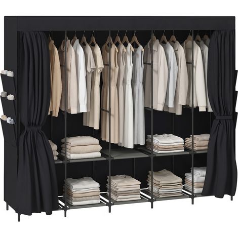 HOMCOM armario de tela, con 5 barras, 5 estantes, 6 bolsillos laterales, cremallera, marco de acero, para dormitorio, 212x45x167 cm, gris (1/5)