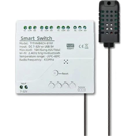 Relais Tuya Smart WiFi 4 canaux avec capteur de température et d'humidité, interrupteur à contact sec passif RF433 pour Alexa Alice(B) (1/5)