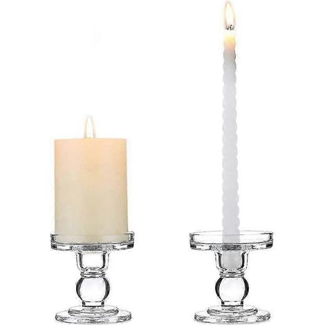 Lot de 2 bougeoirs en verre et porte-bougies piliers, support pour bougies en cristal de 8 cm de haut, idéal pour les mariages et autres occasions. (1/4)