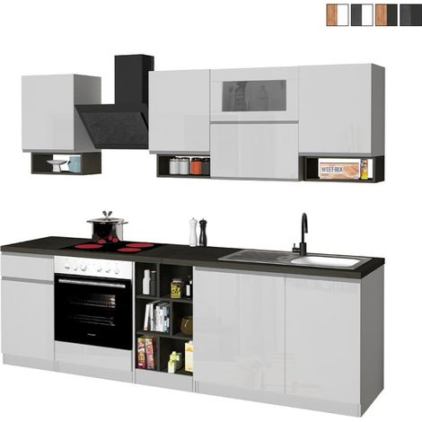 Moderne modulare Küche, lineares Design, 256 cm, Modell Essence - Weiß - Grau