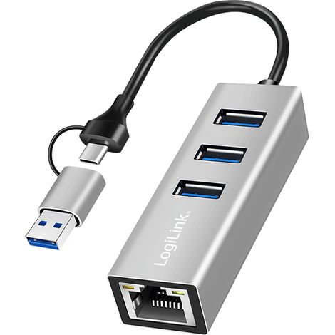 Hub USB-C/USB-A LogiLink con 3 puertos USB 3.0, RJ45 y Ethernet de red de 1 Gbps (5 Gbps), color plata. (1/5)