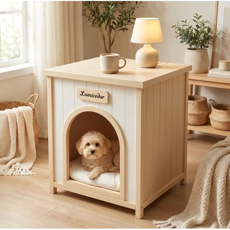 Cuccia per cani in legno FSC con tavolino laterale, bianco crema, per cani piccoli e gatti (1/5)