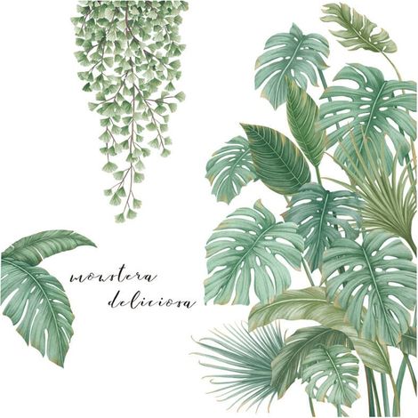 4 Pièces Autocollant Mural Plante Verte, Sticker Mural Plante Tropicale, Convient pour Chambre à Coucher, Salon, Salle à Manger, Mur de Fond de Télévision, Couloir, Bureau, Magasin, Etc (1/4)