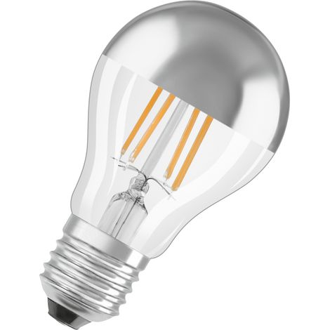 OSRAM LED-Lampen, klassische Kolbenform, mit Spiegel-Kolbenkrone, 50 Watts Ersatz, E27, A-shape, 2700 Kelvin, Warm weiß, Klares Glas, single Pack (1/4)