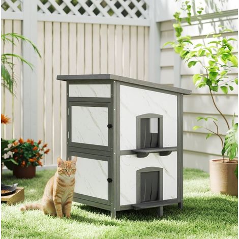 Maison pour chat extérieur 60 x 60 x 88 cm en bois blanc, design moderne, toit étanche FloraGrace (1/5)