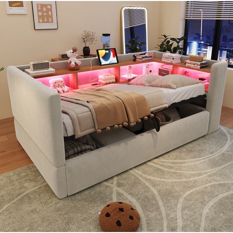 Sofá cama de 90x190 cm con almacenamiento hidráulico, iluminación LED, tomas de corriente y múltiples compartimentos, tapizado en franela - gris claro (1/5)
