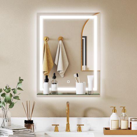 Espejo para Baño 60x80 cm con 3 Colores de Luz Estante de Vidrio Función de Memoria e Interruptor Táctil Plata (1/5)