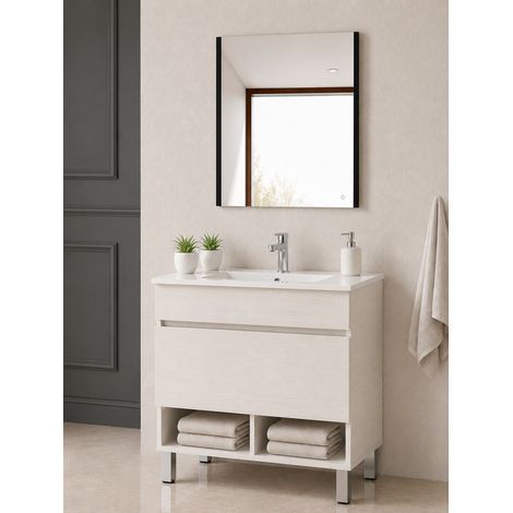 Mobile bagno con piedini con lavabo extrapiano ORIGENBATH NEBARI con piedini e cassetto senza specchio 60x35 cm bianco nordico (1/5)