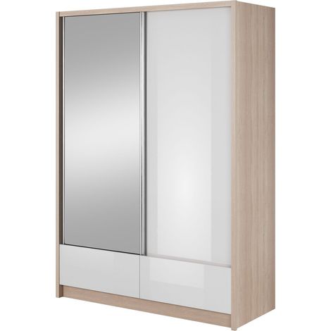 Armadio ARIA I 154 cm con 2 ante scorrevoli, cassettiera Rovere Sonoma / Bianco lucido
