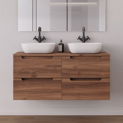Meuble de salle de bain 140cm avec plateau et 2 vasques à poser arrondies - 4 tiroirs - sans miroir - noyer (bois foncé) - SONRIZA (1/5)