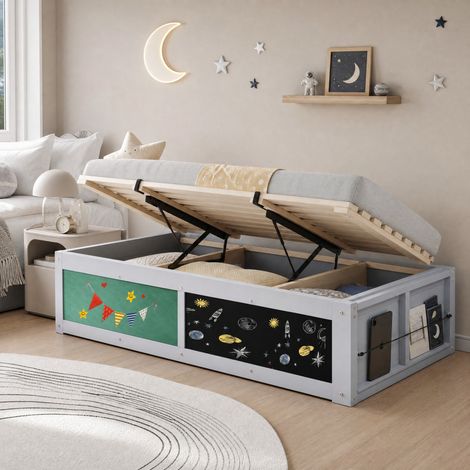 CHICFURN Letto singolo per bambini 90x200 cm in legno grigio con contenitore, senza materasso (1/5)