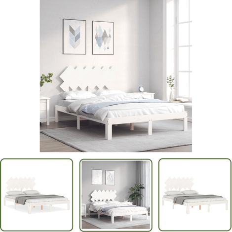 The Living Store Cadre de lit sans matelas blanc bois de pin massif - Lit Plateforme - Cadre Lit Bois - Lit Double - Lit Blanc - Lit Design (1/5)