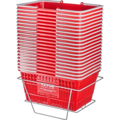 Panier de courses, lot de 20, panier à provision en plastique durable 21 L avec poignée grise et support, 420x300x210 mm, panier d'achat pour magasins de détail, supermarchés, courses, rouge (1/5)