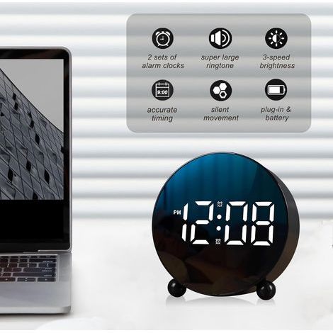 Digitaler Wecker, runder Wecker mit LED-Anzeige, kleiner digitaler Wecker mit Doppelklingel, 3 einstellbare Helligkeitsstufen, geräuschloser Tischwecker, leistungsstarker Nachttischwecker, geeignet fü