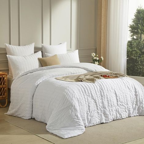 Housse de Couette Seersucker 240 x 260 Blanche Unie Parure de Lit Microfibre 2 Personnes Adulte Linge de Lit Uni Blanc Parure Housse Couette zippée 240x260 avec 2 Taies d'oreiller 65x65 cm (1/5)