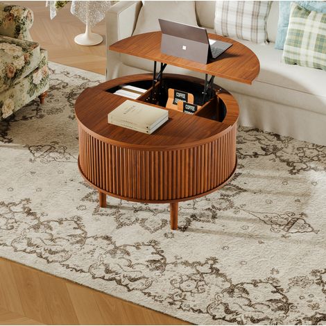 Mesa de centro redonda con doble tapa elevable y almacenaje 80 x 80 x 50 cm marrón OKWISH (1/5)