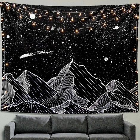 Bergmond-Wandteppich, Sterne, Schwarz-Weiß-Kunst, Wandteppich, Heimdekoration, Schlafzimmer, Sonnig (130 x 150 cm)