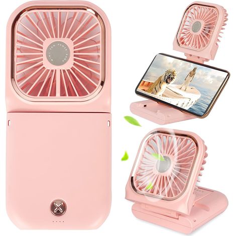 5-in-1 mini portable fan with power bank, USB charging, 3000mAh capacity, 3 adjustable wind speeds, and neck strap, pink.