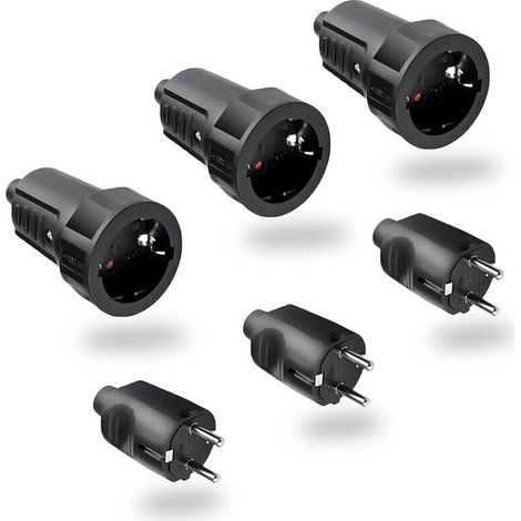 IP44 250V/6A weatherproof outdoor plug – 3 pairs male/female with 2 round pins, black, without cable